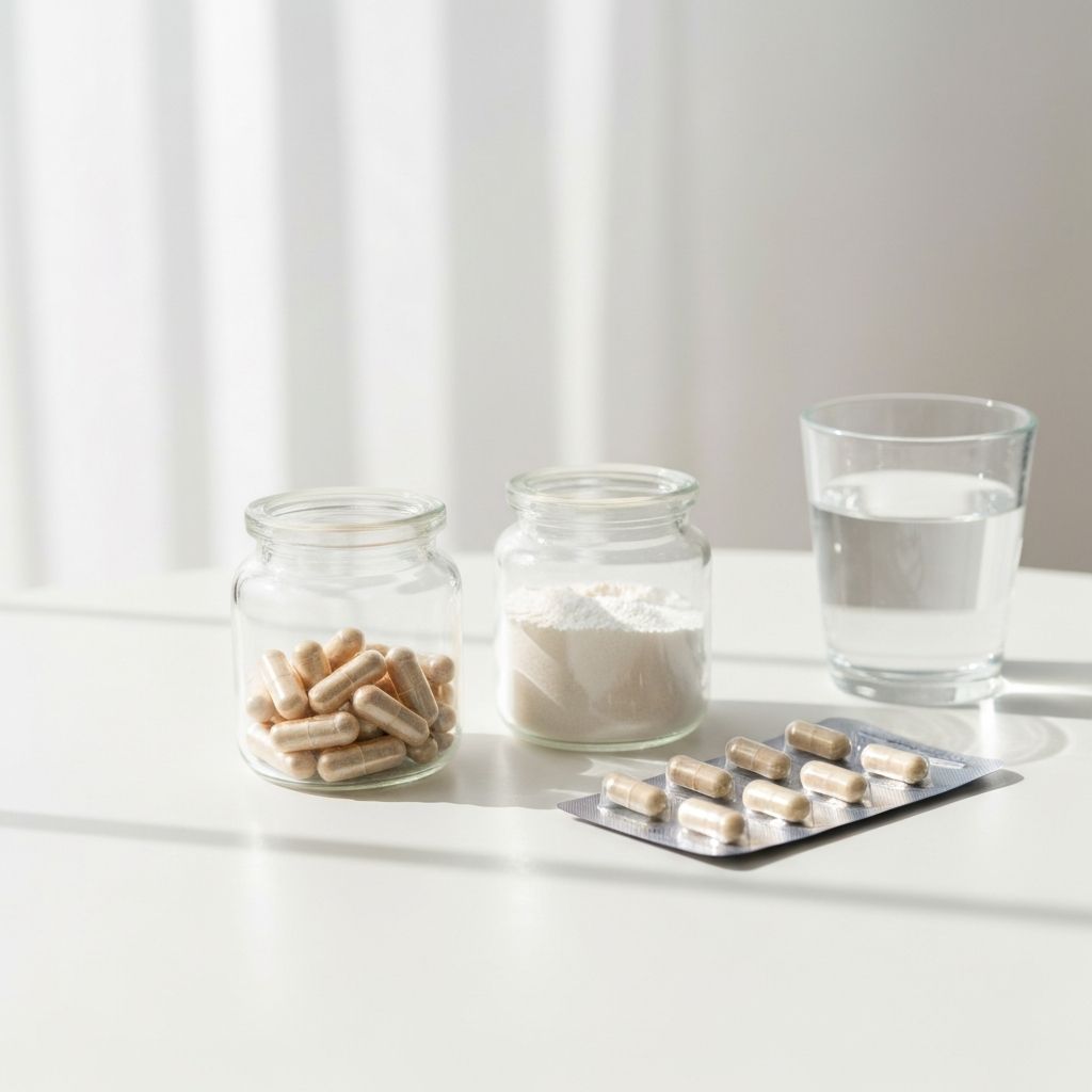 Minimalist Supplement Setup mit Glas und Kapseln