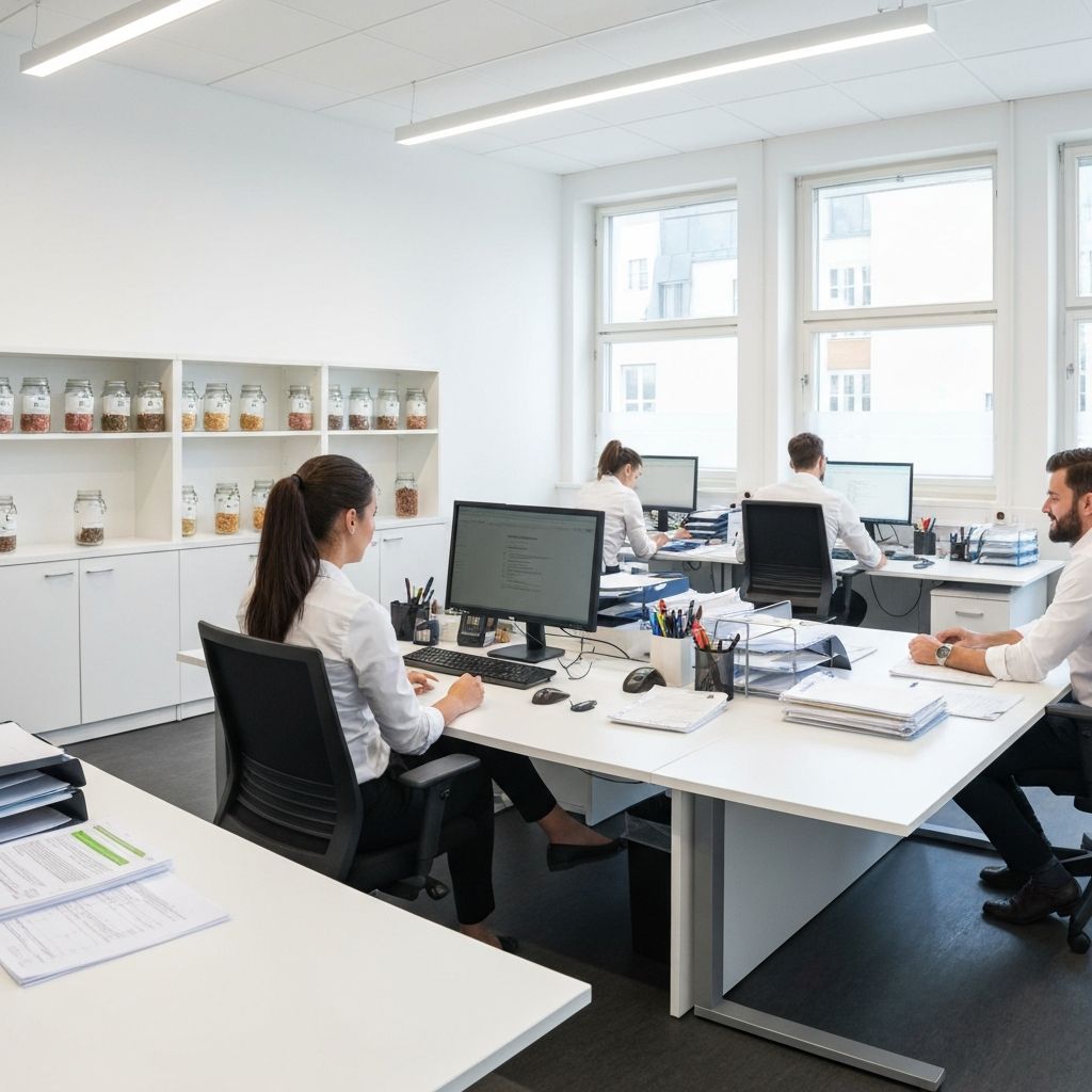 Helles österreichisches Büro mit Team, Supplement-Gläsern auf Regal und Dokumenten